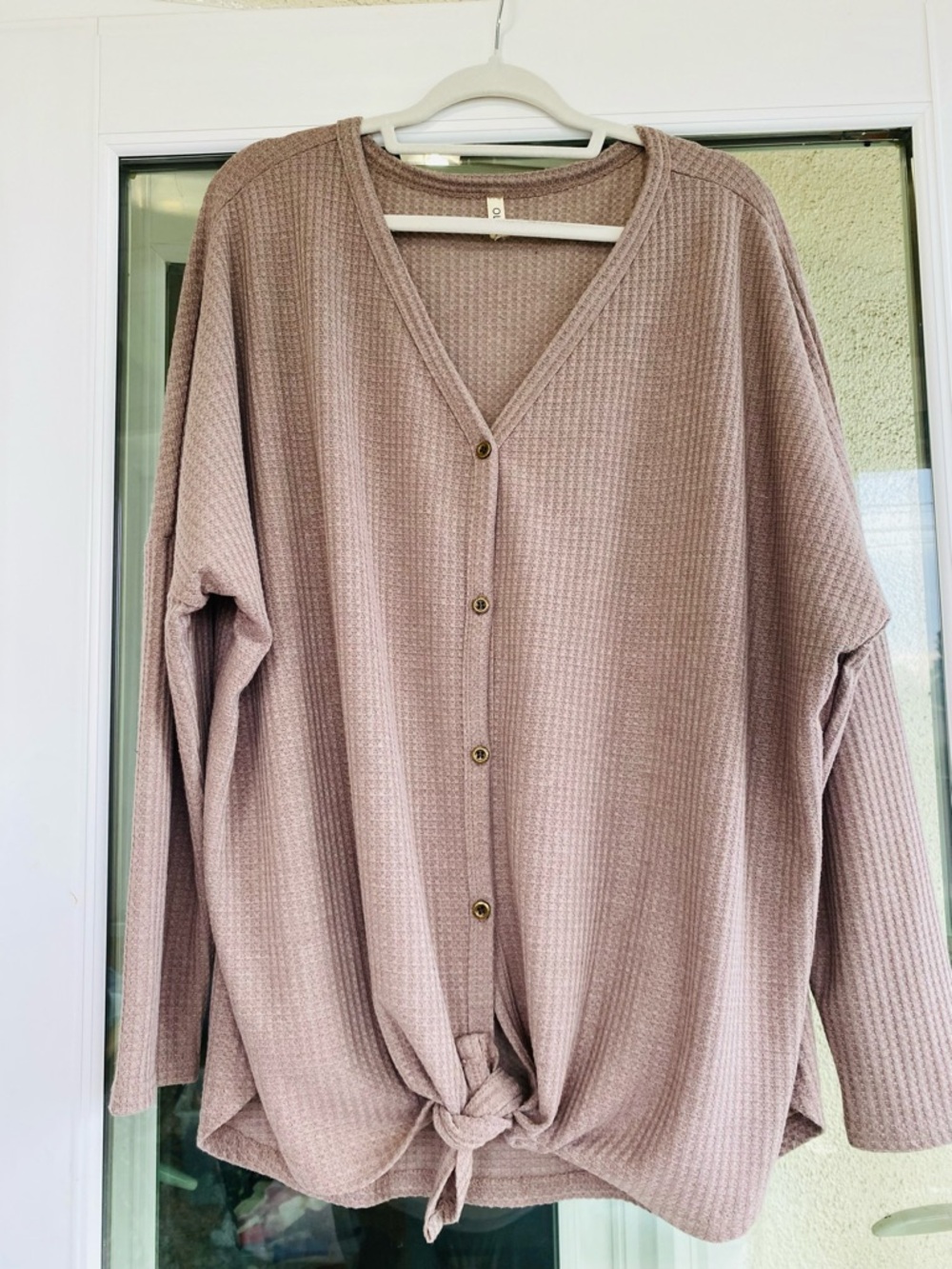 OLRIK Waffle Knit Button Front Size 10 Taupe Tie Front Oversized Cozy Sweater